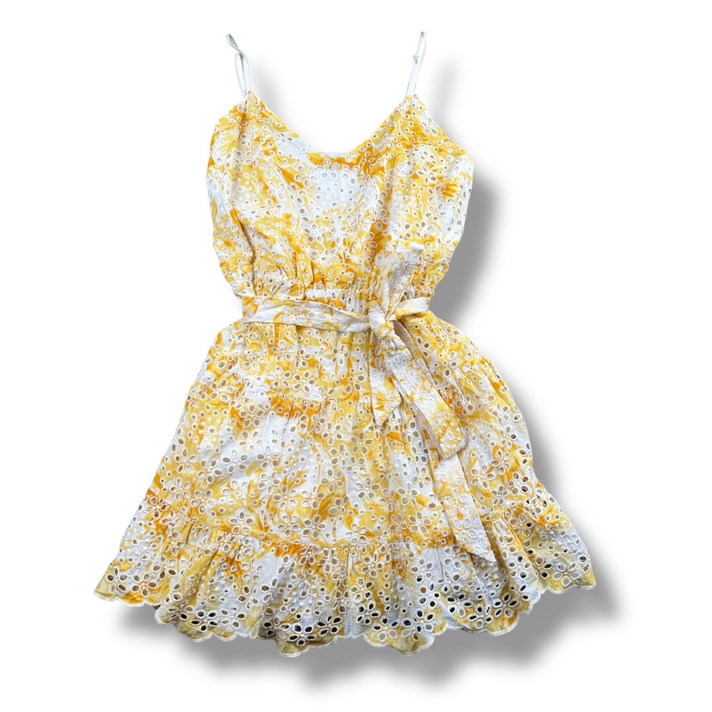 Express Womens‎ XL Yellow Tie Dye Eyelet Lace Tiered Mini Dress Ruffle Sun Dress